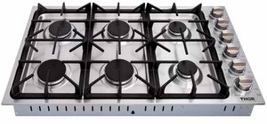 Thor Kitchen 5-Piece Pro Appliance Package - 36-Inch Gas Cooktop, Electric Wall Oven, Wall Mount Hood, Dishwasher & Refrigerator with Water Dispenser in Stainless Steel