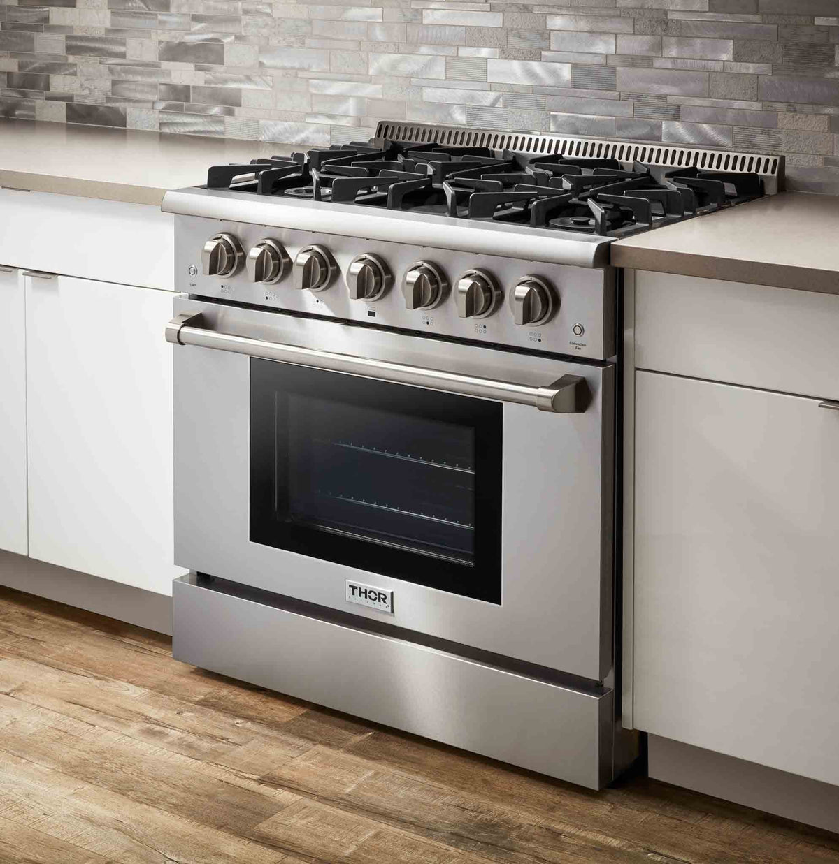 Thor Kitchen 5-Piece Pro Appliance Package - 36-Inch Gas Range, French Door Refrigerator, Wall Mount Hood, Dishwasher, and Wine Cooler in Stainless Steel