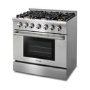 Thor Kitchen 5-Piece Pro Appliance Package - 36-Inch Gas Range, Refrigerator with Water Dispenser, Pro-Style Wall Mount Hood, Dishwasher, & Microwave Drawer in Stainless Steel