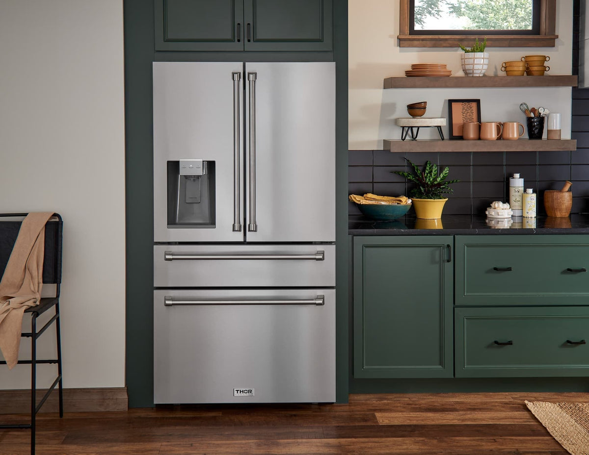 Thor Kitchen 5-Piece Pro Appliance Package - 36-Inch Rangetop, Electric Wall Oven, Pro-Style Wall Mount Hood, Dishwasher & Refrigerator with Water Dispenser in Stainless Steel