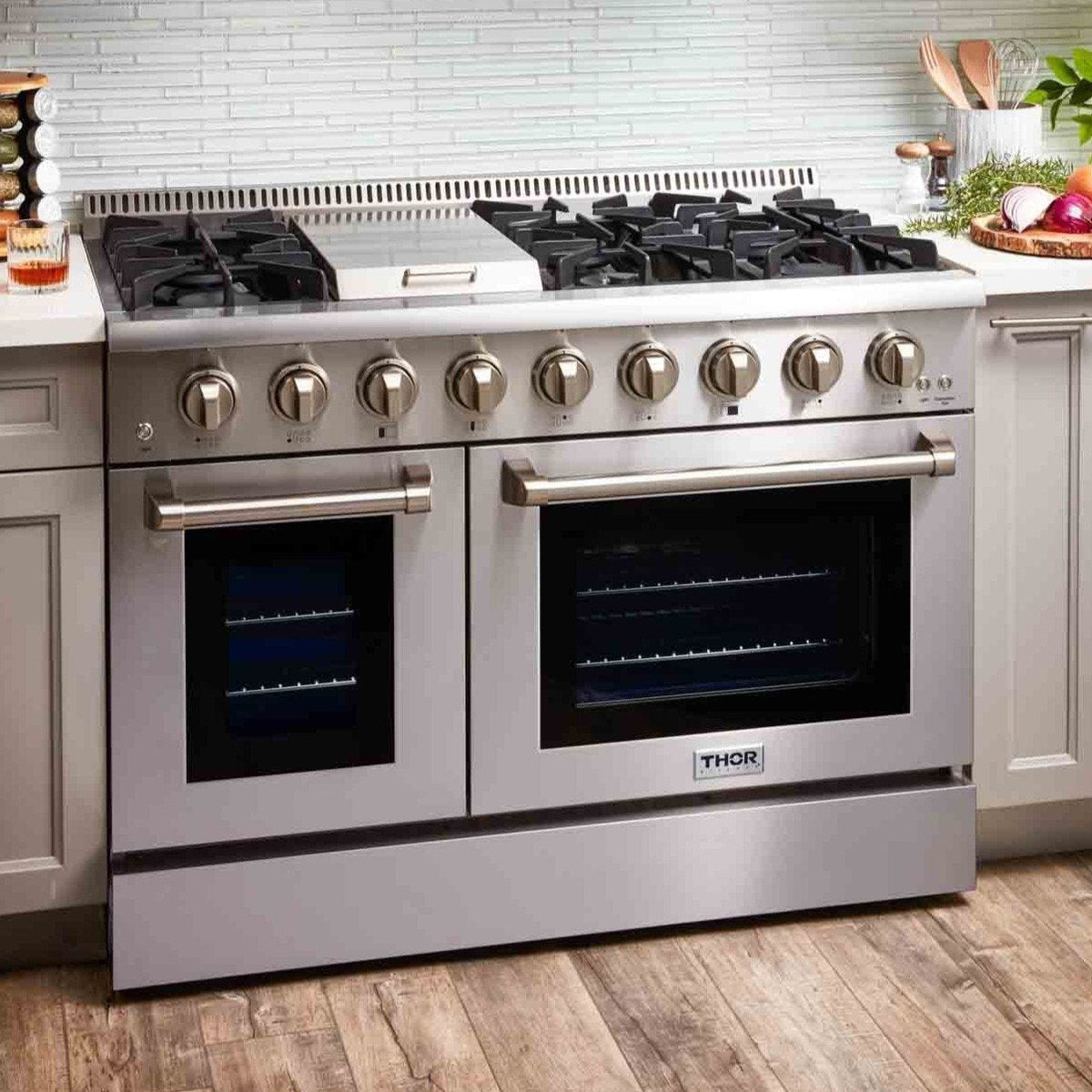 Thor Kitchen 5-Piece Pro Appliance Package - 48-Inch Dual Fuel Range, French Door Refrigerator, Dishwasher, Under Cabinet 11-Inch Tall Hood, and Microwave Drawer in Stainless Steel