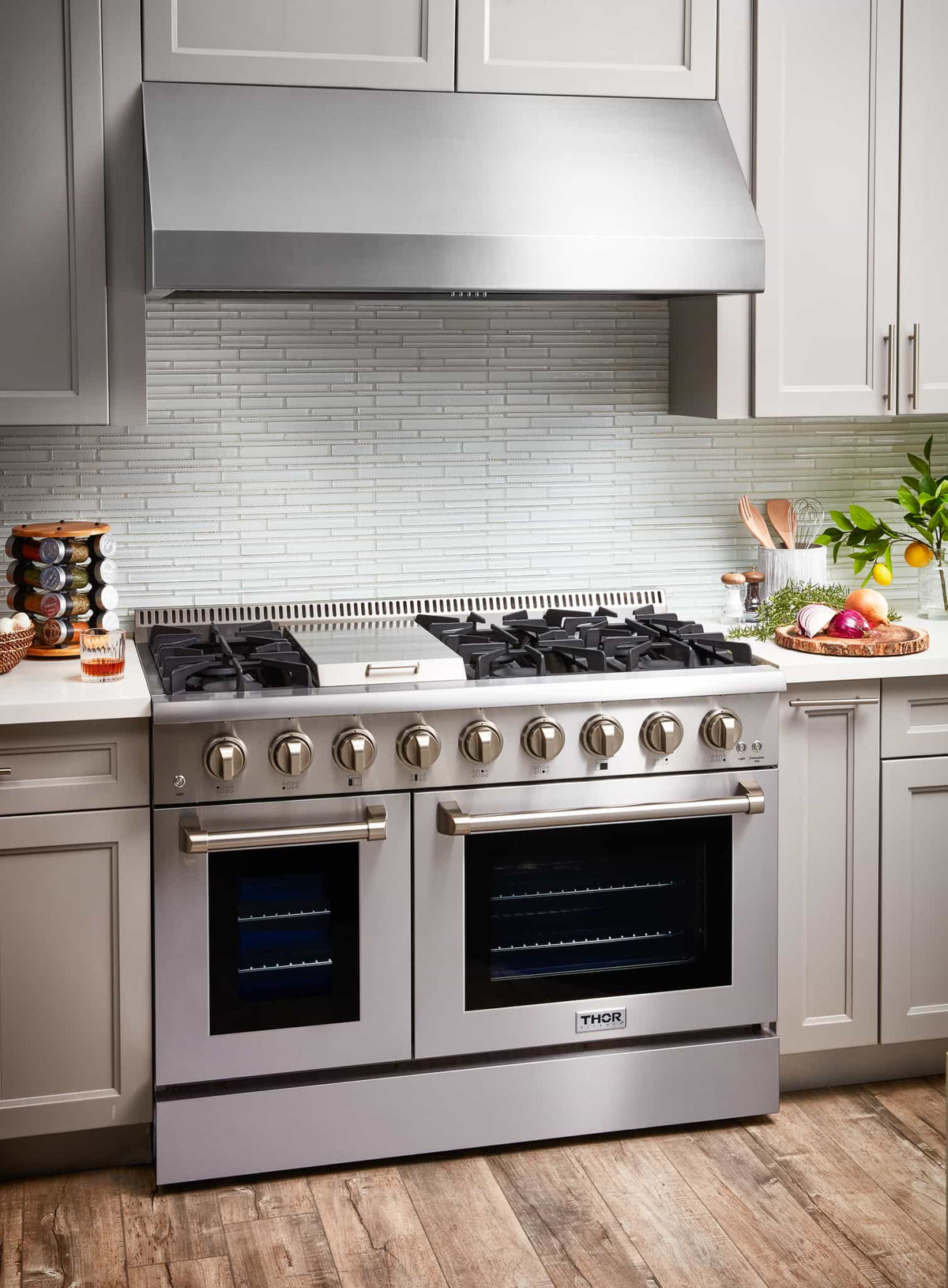 Thor Kitchen 5-Piece Pro Appliance Package - 48-Inch Gas Range, French Door Refrigerator, Dishwasher, Under Cabinet 11-Inch Tall Hood & Wine Cooler in Stainless Steel