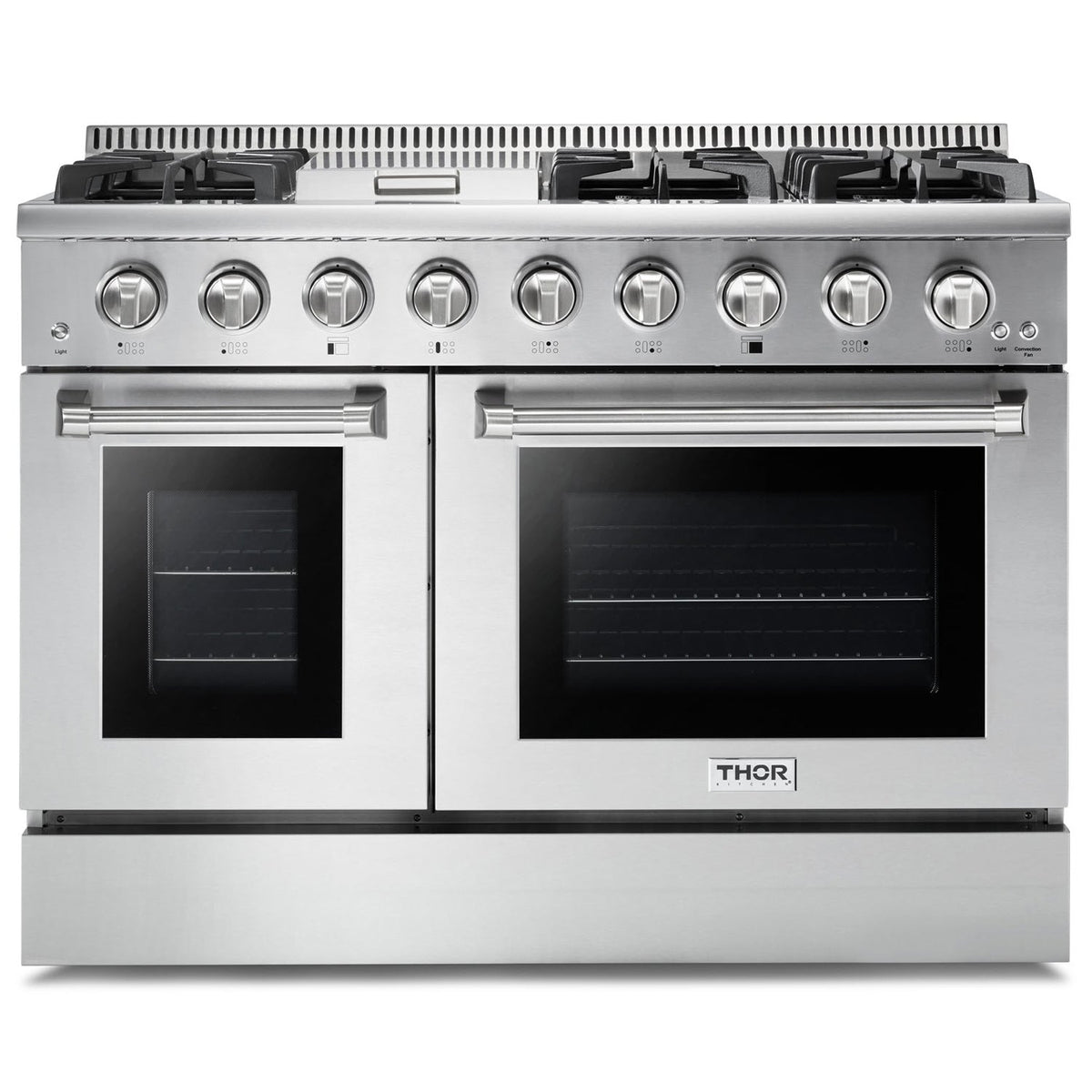 Thor Kitchen 5-Piece Pro Appliance Package - 48-Inch Gas Range, French Door Refrigerator, Dishwasher, Pro Wall Mount Hood, and Microwave Drawer in Stainless Steel