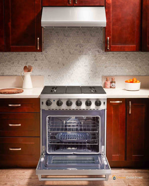 Thor Kitchen 6-Piece Appliance Package - 30-Inch Gas Range, French Door Refrigerator, Wall Mount Hood, Dishwasher, Microwave Drawer, and Wine Cooler in Stainless Steel