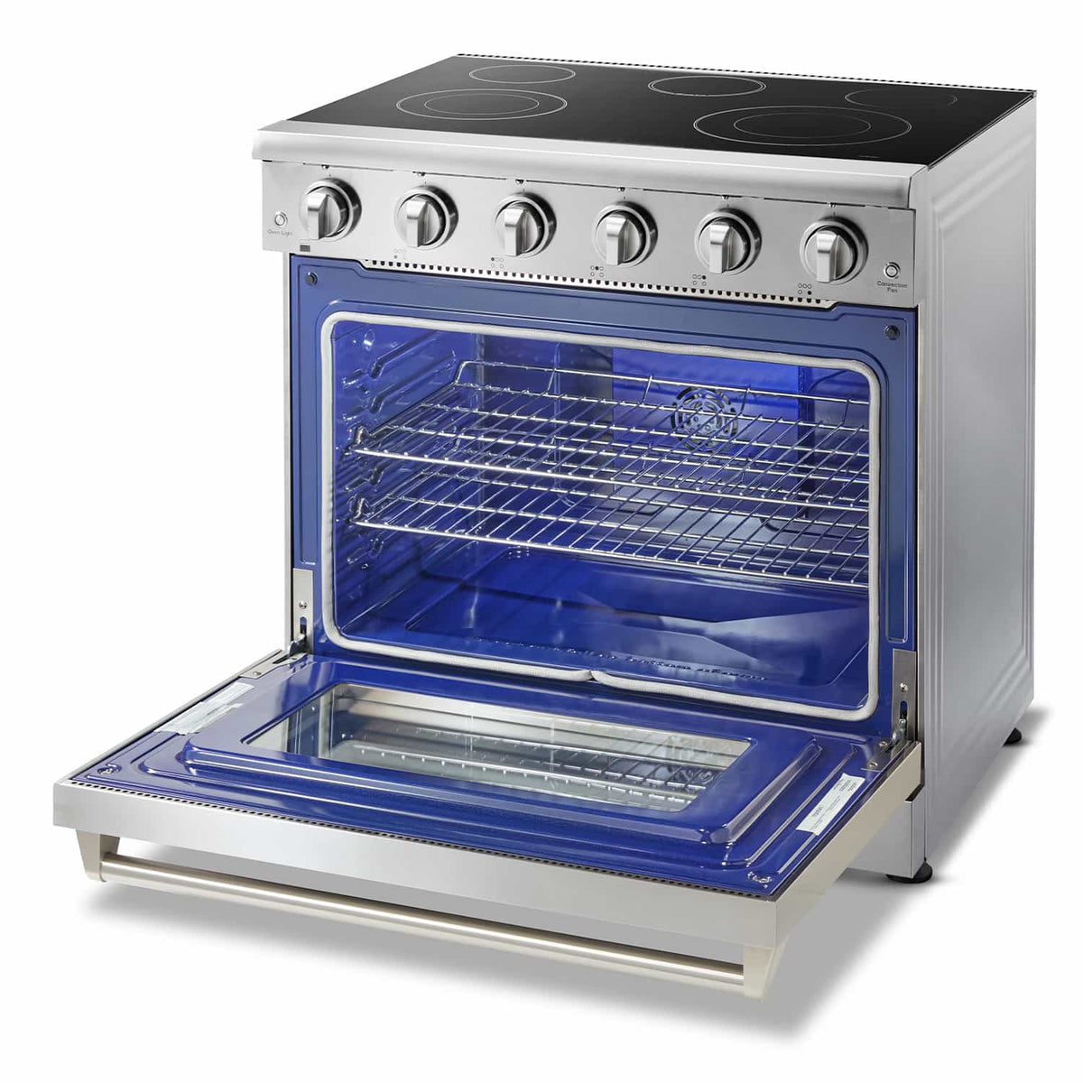 Thor Kitchen 6-Piece Appliance Package - 36-Inch Electric Range, French Door Refrigerator, Wall Mount Hood, Dishwasher, Microwave Drawer, & Wine Cooler in Stainless Steel
