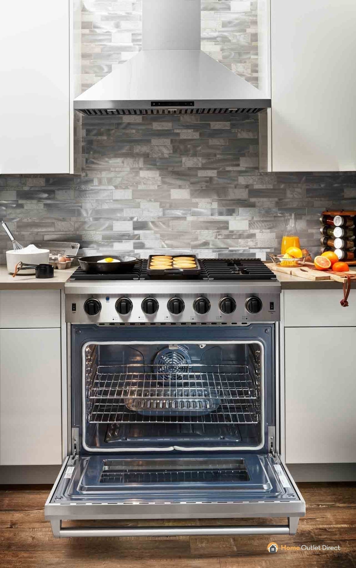 Thor Kitchen 6-Piece Appliance Package - 36-Inch Gas Range, French Door Refrigerator, Wall Mount Hood, Dishwasher, Microwave Drawer, & Wine Cooler in Stainless Steel