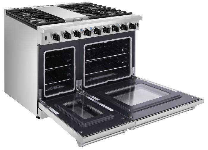 Thor Kitchen 6-Piece Appliance Package - 48-Inch Gas Range, French Door Refrigerator, Under Cabinet 11-Inch Hood, Dishwasher, Microwave Drawer, and Wine Cooler in Stainless Steel
