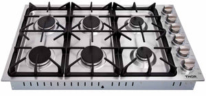 Thor Kitchen 6-Piece Pro Appliance Package - 36-Inch Gas Cooktop, Electric Wall Oven, Pro-Style Wall Mount Hood, Refrigerator with Water Dispenser, Dishwasher & Microwave Drawer in Stainless Steel