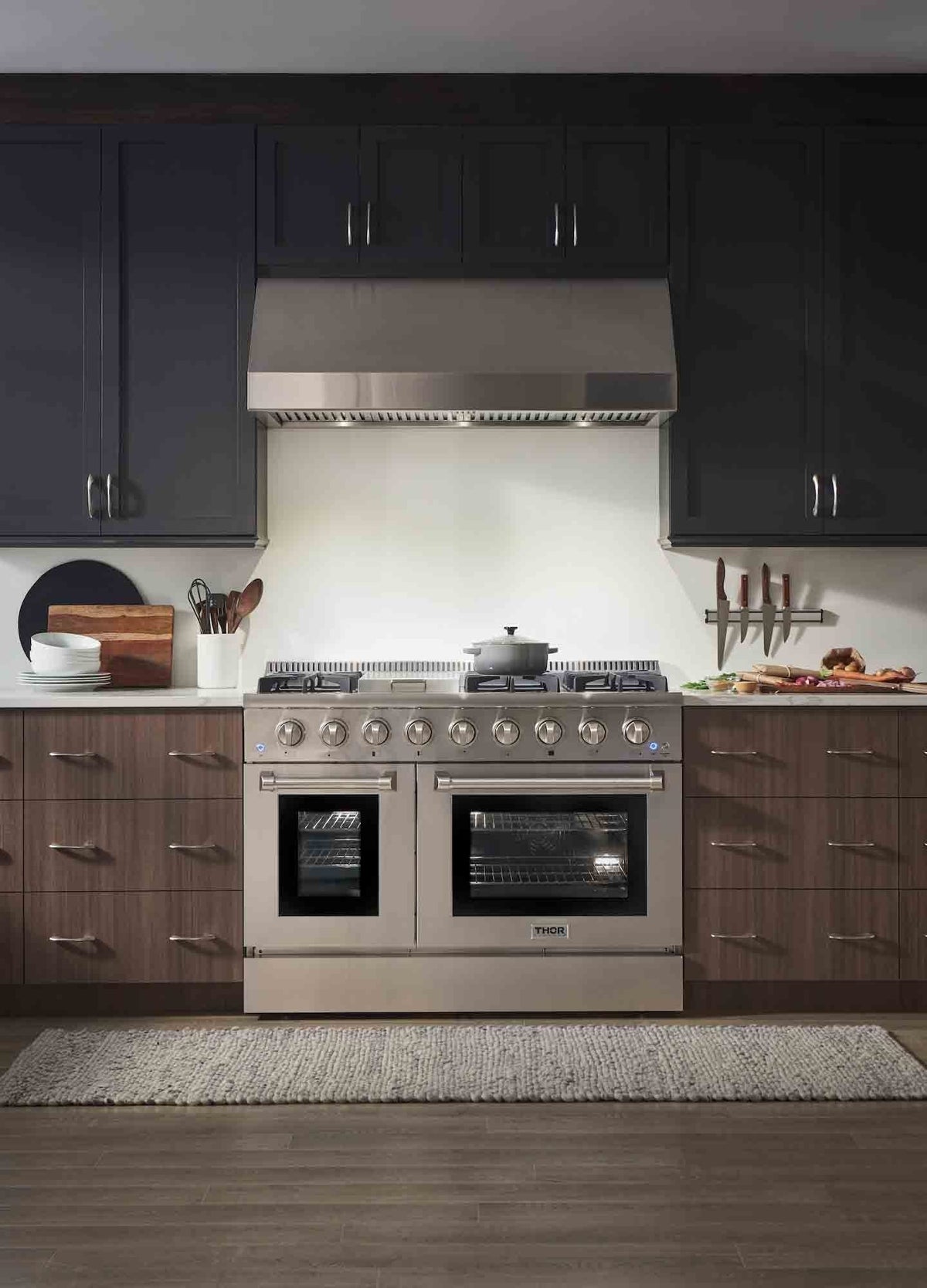 Thor Kitchen 6-Piece Pro Appliance Package - 48-Inch Dual Fuel Range, French Door Refrigerator, Dishwasher, Under Cabinet 11-Inch Tall Hood, Microwave Drawer, & Wine Cooler in Stainless Steel