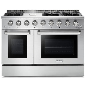 Thor Kitchen 6-Piece Pro Appliance Package - 48-Inch Gas Range, French Door Refrigerator, Dishwasher, Pro Wall Mount Hood, Microwave Drawer, & Wine Cooler in Stainless Steel