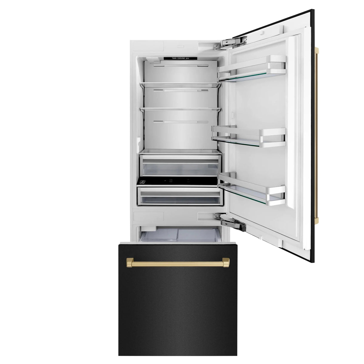 ZLINE 30" Autograph Edition 16.1 cu. ft. Built-in 2-Door Bottom Freezer Refrigerator with Internal Water and Ice Dispenser in Black Stainless Steel with Champagne Bronze Accents RBIVZ-BS-30-CB
