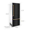 ZLINE 30" Autograph Edition 16.1 cu. ft. Built-in 2-Door Bottom Freezer Refrigerator with Internal Water and Ice Dispenser in Black Stainless Steel with Gold Accents RBIVZ-BS-30-G