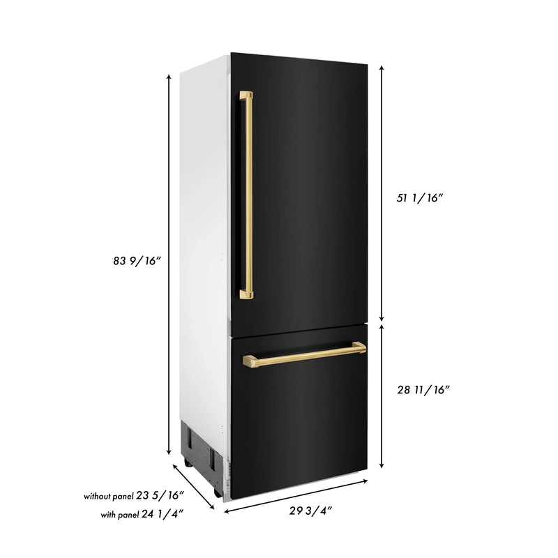 ZLINE 30-Inch Autograph Edition 16.1 cu. ft. Built-in 2-Door Bottom Freezer Refrigerator with Internal Water and Ice Dispenser in Black Stainless Steel with Gold Accents (RBIVZ-BS-30-G)