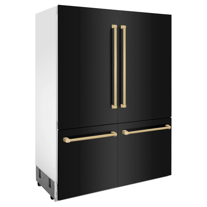 ZLINE 60-Inch Autograph Edition 32.2 cu. ft. Built-in 4-Door French Door Refrigerator with Internal Water and Ice Dispenser in Black Stainless Steel with Champagne Bronze Accents (RBIVZ-BS-60-CB)