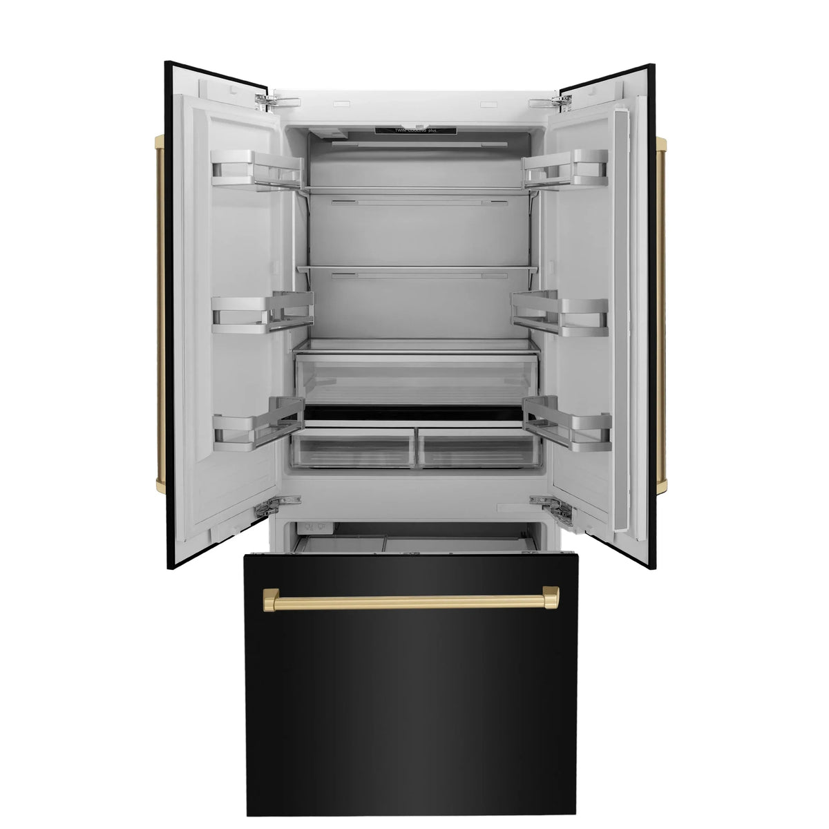 ZLINE 36" Autograph Edition 19.6 cu. ft. Built-in 3-Door French Door Refrigerator with Internal Water and Ice Dispenser in Black Stainless Steel with Champagne Bronze Accents RBIVZ-BS-36-CB