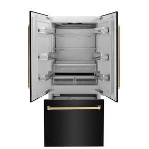 ZLINE 36" Autograph Edition 19.6 cu. ft. Built-in 3-Door French Door Refrigerator with Internal Water and Ice Dispenser in Black Stainless Steel with Champagne Bronze Accents RBIVZ-BS-36-CB