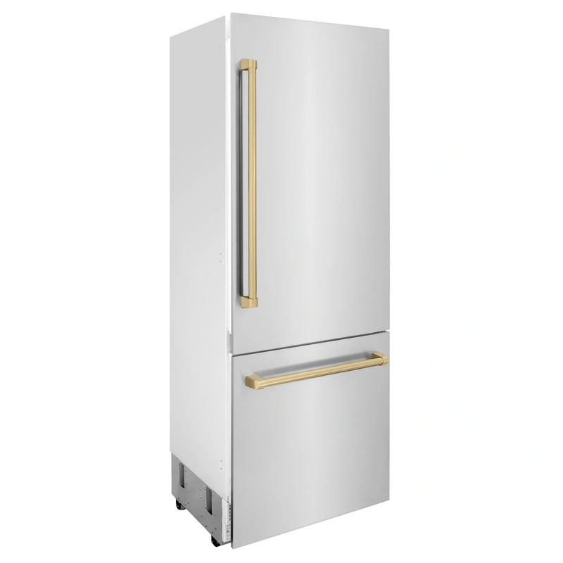 ZLINE 30-Inch Autograph Edition 16.1 cu. ft. Built-in 2-Door Bottom Freezer Refrigerator with Internal Water and Ice Dispenser in Stainless Steel with Champagne Bronze Accents (RBIVZ-304-30-CB)