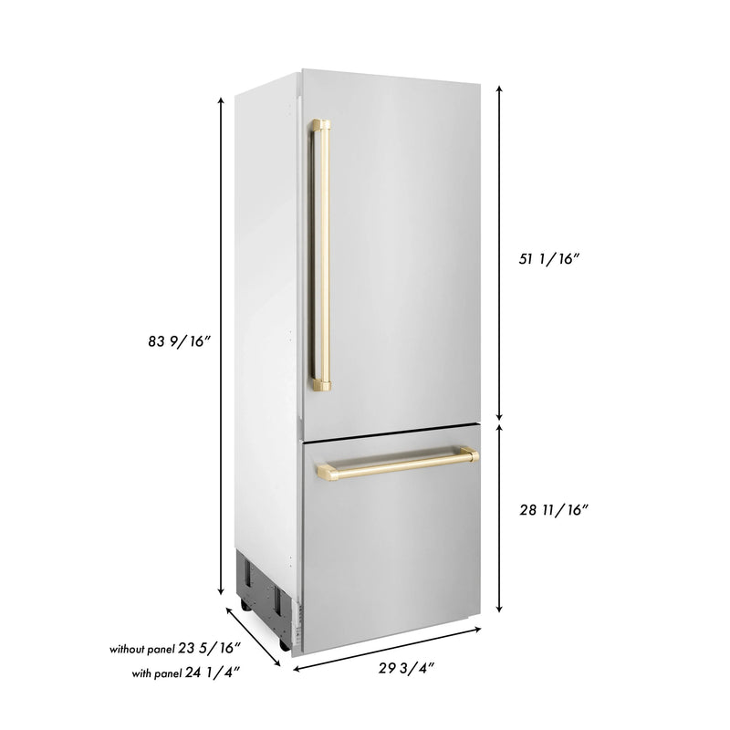 ZLINE 30-Inch Autograph Edition 16.1 cu. ft. Built-in 2-Door Bottom Freezer Refrigerator with Internal Water and Ice Dispenser in Stainless Steel with Gold Accents (RBIVZ-304-30-G)