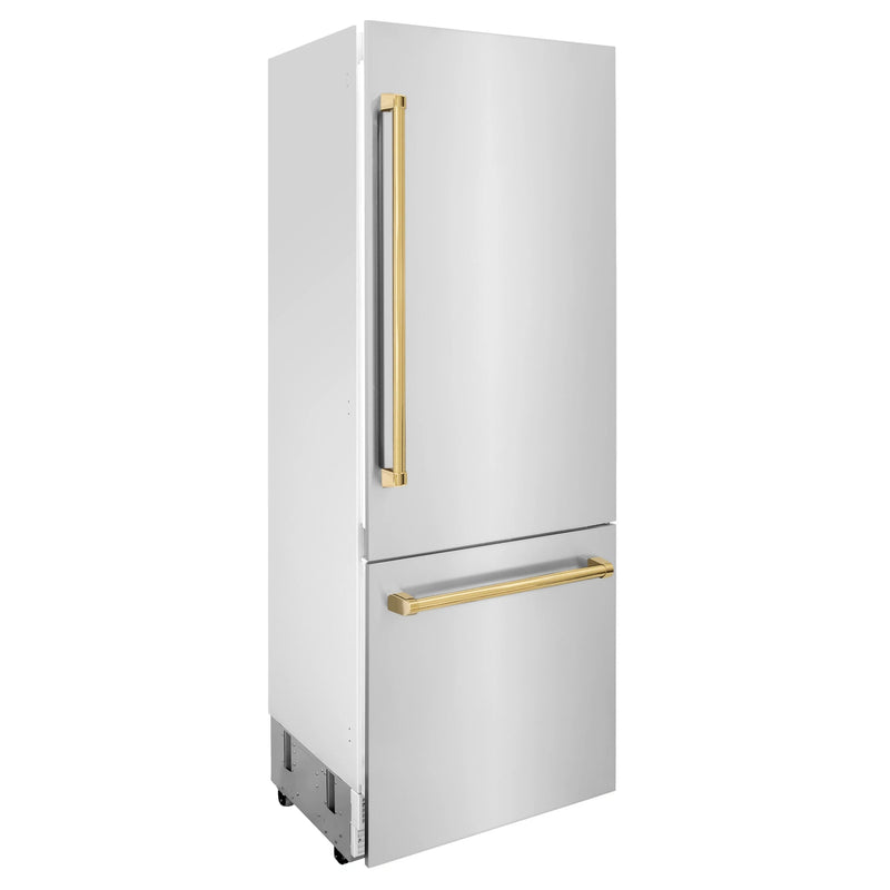 ZLINE 30-Inch Autograph Edition 16.1 cu. ft. Built-in 2-Door Bottom Freezer Refrigerator with Internal Water and Ice Dispenser in Stainless Steel with Gold Accents (RBIVZ-304-30-G)