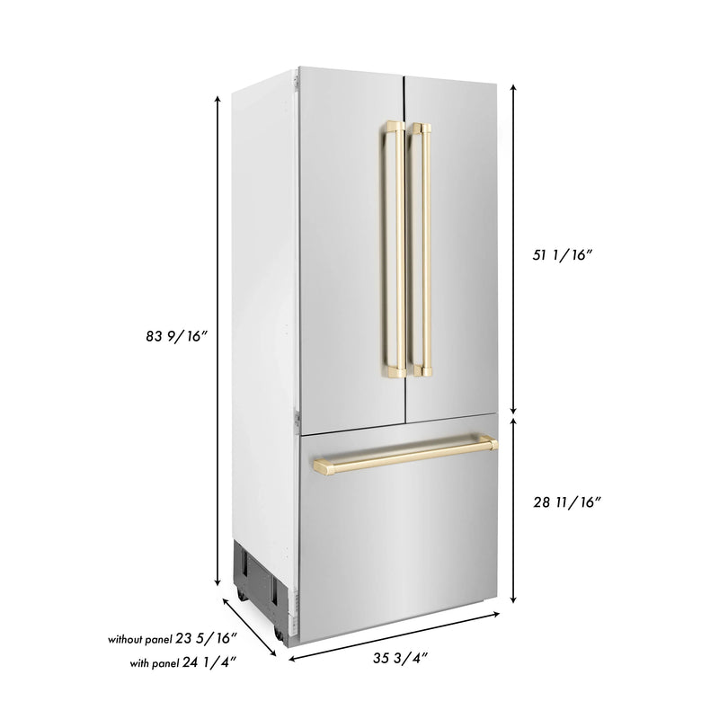 ZLINE 36-Inch Autograph Edition 19.6 cu. ft. Built-in 2-Door Bottom Freezer Refrigerator with Internal Water and Ice Dispenser in Stainless Steel with Gold Accents (RBIVZ-304-36-G)