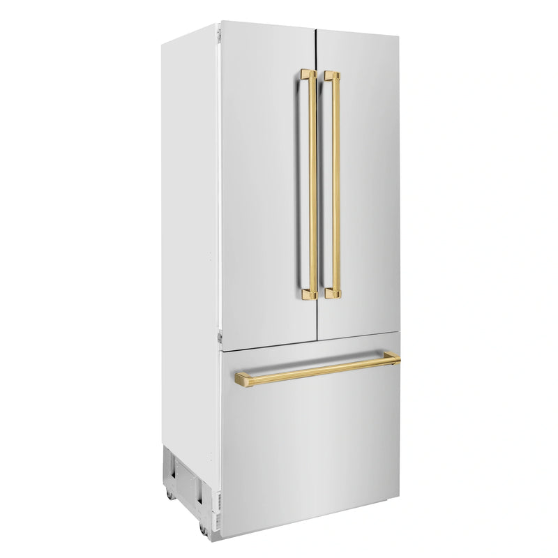ZLINE 36-Inch Autograph Edition 19.6 cu. ft. Built-in 2-Door Bottom Freezer Refrigerator with Internal Water and Ice Dispenser in Stainless Steel with Gold Accents (RBIVZ-304-36-G)