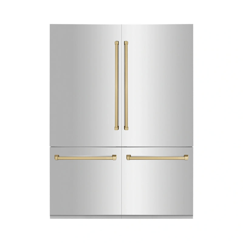 ZLINE 60-Inch Autograph Edition Built-In 32.2 cu. ft. 4-Door French Door Refrigerator with Internal Water and Ice Dispenser in Stainless Steel with Champagne Bronze Accents (RBIVZ-304-60-CB)
