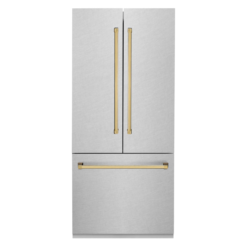 ZLINE 36-Inch Autograph Edition 19.6 cu. ft. Built-in 2-Door Bottom Freezer Refrigerator with Internal Water and Ice Dispenser in Fingerprint Resistant Stainless Steel with Gold Accents (RBIVZ-SN-36-G)
