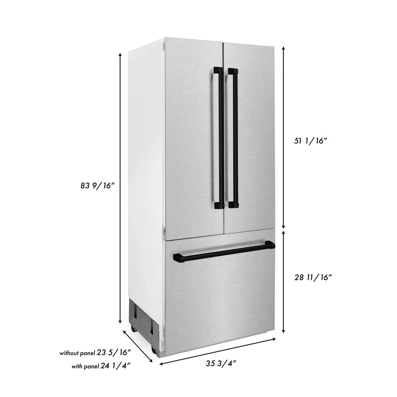 ZLINE 36-Inch Autograph Edition 19.6 cu. ft. Built-in 2-Door Bottom Freezer Refrigerator with Internal Water and Ice Dispenser in DuraSnow Stainless Steel with Matte Black Accents (RBIVZ-SN-36-MB)
