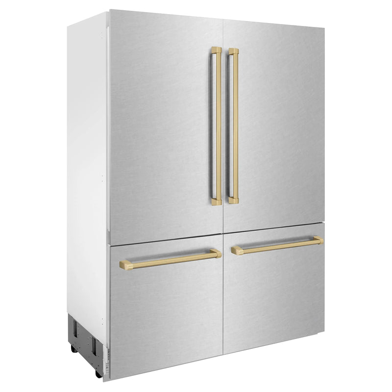 ZLINE 60-Inch Autograph Edition 32.2 cu. ft. Built-in 4-Door French Door Refrigerator with Internal Water and Ice Dispenser in Fingerprint Resistant Stainless Steel with Champagne Bronze Accents (RBIVZ-SN-60-CB)