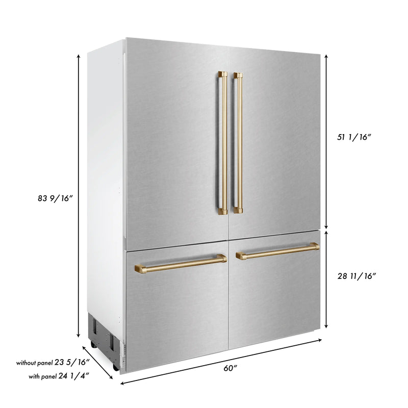 ZLINE 60-Inch Autograph Edition 32.2 cu. ft. Built-in 4-Door French Door Refrigerator with Internal Water and Ice Dispenser in Fingerprint Resistant Stainless Steel with Gold Accents (RBIVZ-SN-60-G)
