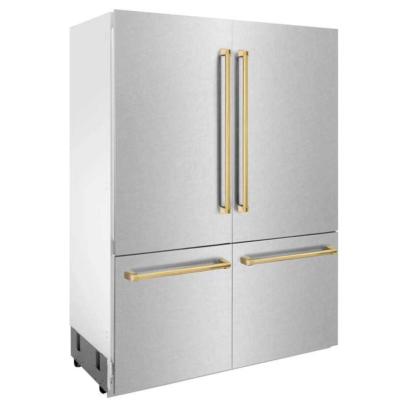 ZLINE 60-Inch Autograph Edition 32.2 cu. ft. Built-in 4-Door French Door Refrigerator with Internal Water and Ice Dispenser in Fingerprint Resistant Stainless Steel with Gold Accents (RBIVZ-SN-60-G)