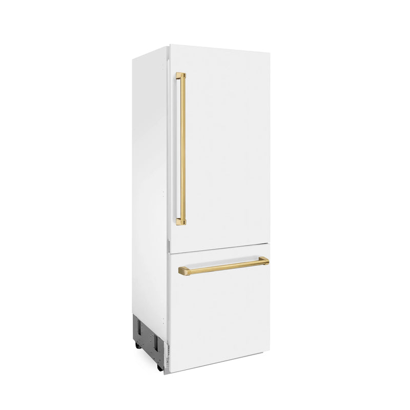 ZLINE 30-Inch Autograph Edition 16.1 cu. ft. Built-in 2-Door Bottom Freezer Refrigerator with Internal Water and Ice Dispenser in White Matte with Gold Accents (RBIVZ-WM-30-G)