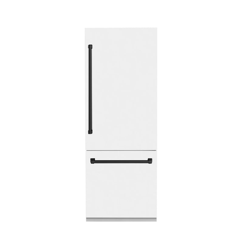 ZLINE 30-Inch Autograph Edition 16.1 cu. ft. Built-in 2-Door Bottom Freezer Refrigerator with Internal Water and Ice Dispenser in White Matte with Matte Black Accents (RBIVZ-WM-30-MB)