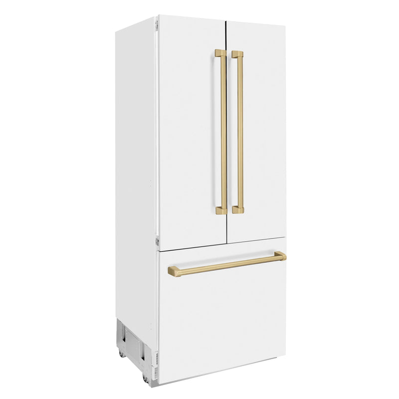 ZLINE 36-Inch Autograph Edition 19.6 cu. ft. Built-in 2-Door Bottom Freezer Refrigerator with Internal Water and Ice Dispenser in White Matte with Champagne Bronze Accents (RBIVZ-WM-36-CB)
