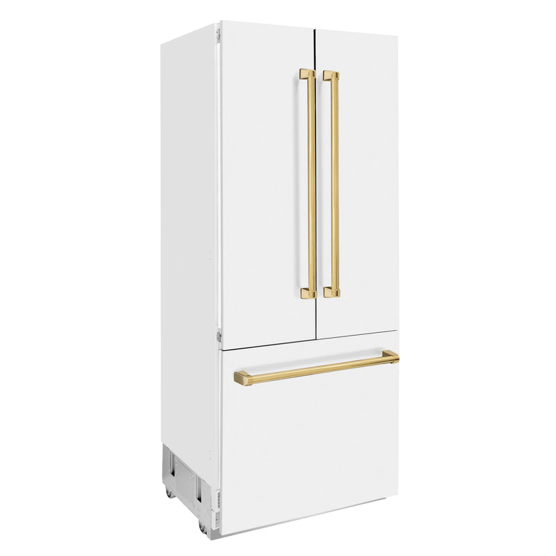 ZLINE 36-Inch Autograph Edition 19.6 cu. ft. Built-in 2-Door Bottom Freezer Refrigerator with Internal Water and Ice Dispenser in White Matte with Gold Accents (RBIVZ-WM-36-G)