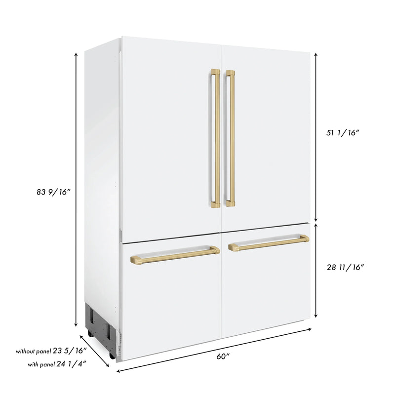 ZLINE 60-Inch Autograph Edition 32.2 cu. ft. Built-in 4-Door French Door Refrigerator with Internal Water and Ice Dispenser in White Matte with Champagne Bronze Accents (RBIVZ-WM-60-CB)