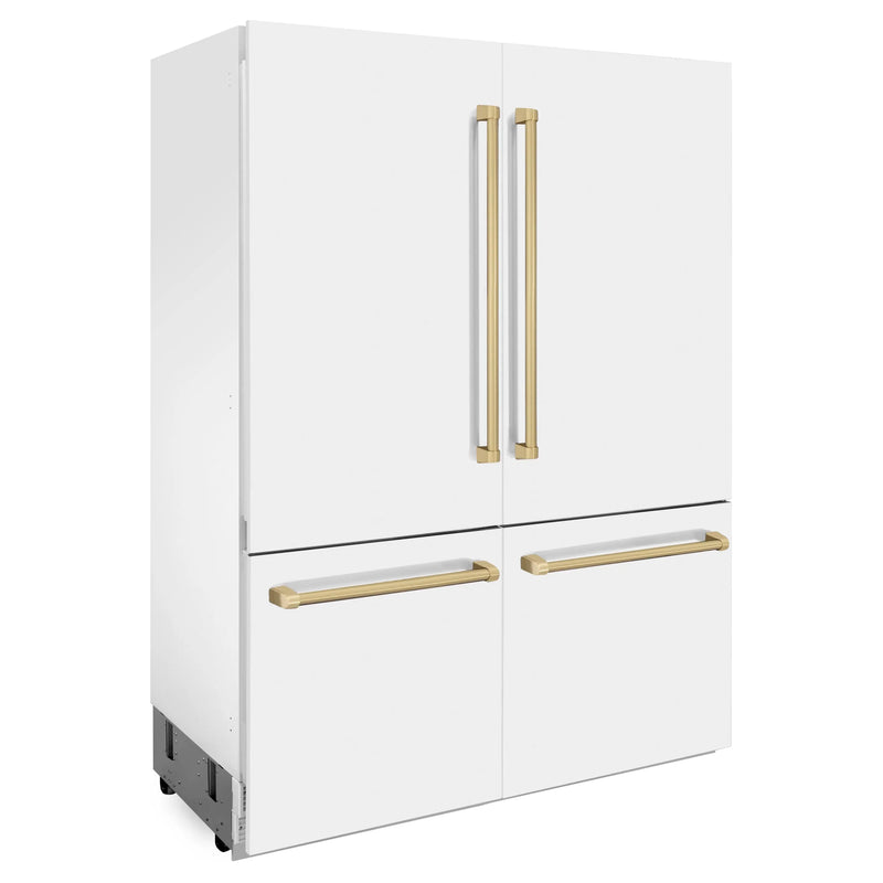 ZLINE 60-Inch Autograph Edition 32.2 cu. ft. Built-in 4-Door French Door Refrigerator with Internal Water and Ice Dispenser in White Matte with Champagne Bronze Accents (RBIVZ-WM-60-CB)