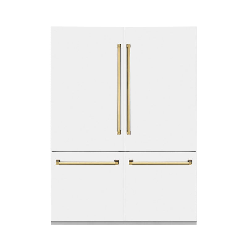 ZLINE 60-Inch Autograph Edition 32.2 cu. ft. Built-in 4-Door French Door Refrigerator with Internal Water and Ice Dispenser in White Matte with Gold Accents (RBIVZ-WM-60-G)