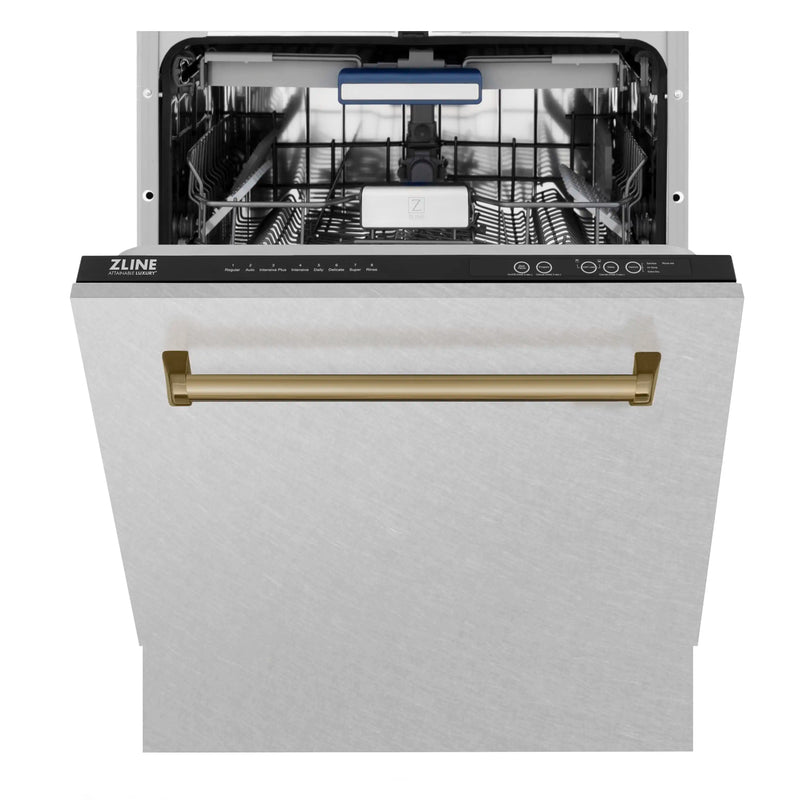 ZLINE Autograph Edition 24-Inch 3rd Rack Top Control Tall Tub Dishwasher in DuraSnow Stainless Steel with Champagne Bronze Handle, 51dBa (DWVZ-SN-24-CB)