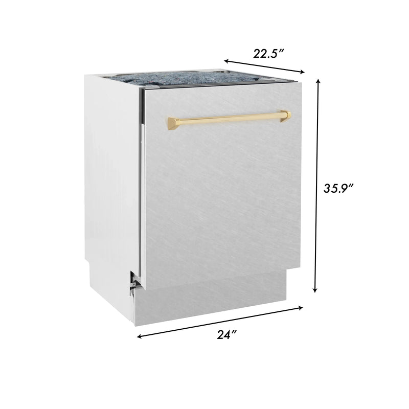 ZLINE Autograph Edition 24-Inch 3rd Rack Top Control Tall Tub Dishwasher in DuraSnow Stainless Steel with Gold Handle, 51dBa (DWVZ-SN-24-G)