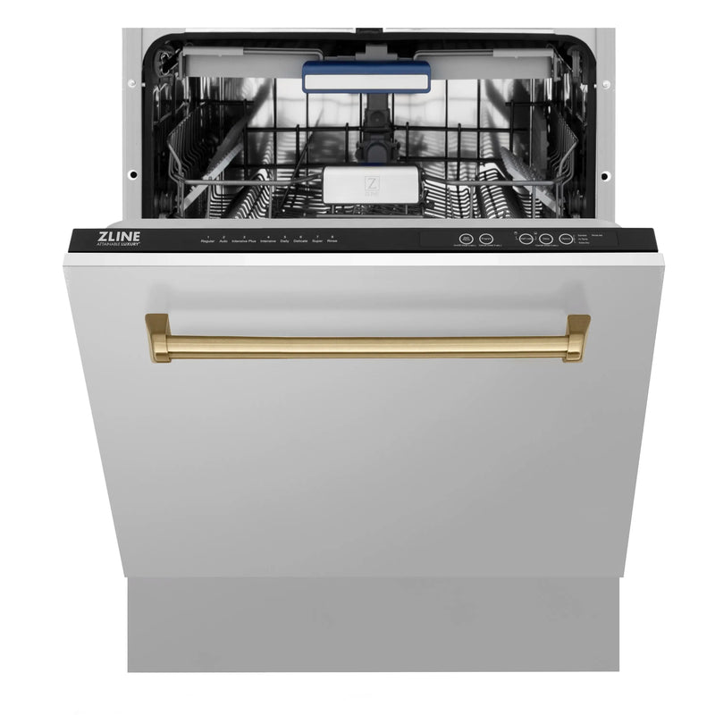 ZLINE Autograph Edition 24-Inch 3rd Rack Top Control Tall Tub Dishwasher in Stainless Steel with Champagne Bronze Handle, 51dBa (DWVZ-304-24-CB)