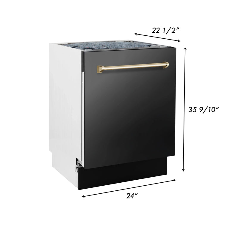 ZLINE Autograph Edition 3-Piece Appliance Package - 48-Inch Gas Range, Wall Mounted Range Hood, & 24-Inch Tall Tub Dishwasher in Black Stainless Steel with Champagne Bronze Trim (3AKPR-RGBRHDWV48-CB)