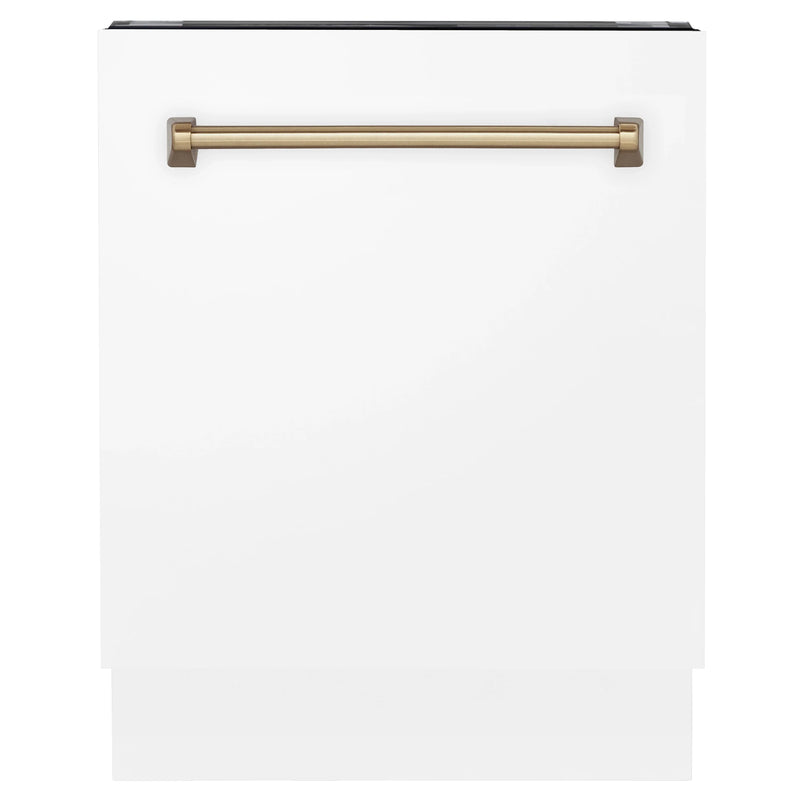 ZLINE Autograph Edition 24-Inch 3rd Rack Top Control Tall Tub Dishwasher in White Matte with Champagne Bronze Handle, 51dBa (DWVZ-WM-24-CB)