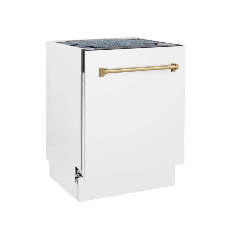 ZLINE Autograph Edition 24-Inch 3rd Rack Top Control Tall Tub Dishwasher in White Matte with Champagne Bronze Handle, 51dBa (DWVZ-WM-24-CB)
