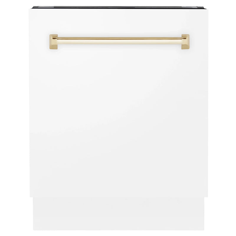 ZLINE Autograph Edition 24-Inch 3rd Rack Top Control Tall Tub Dishwasher in White Matte with Gold Handle, 51dBa (DWVZ-WM-24-G)