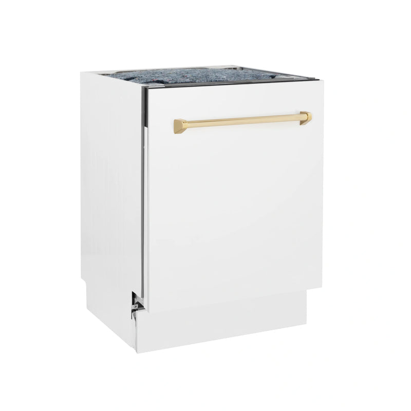 ZLINE Autograph Edition 24-Inch 3rd Rack Top Control Tall Tub Dishwasher in White Matte with Gold Handle, 51dBa (DWVZ-WM-24-G)