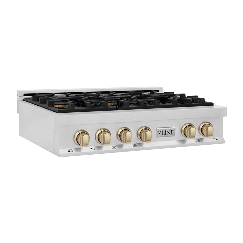 ZLINE Autograph Edition 36-Inch Porcelain Rangetop with 6 Gas Burners in DuraSnow® Stainless Steel and Gold Accents (RTSZ-36-G)