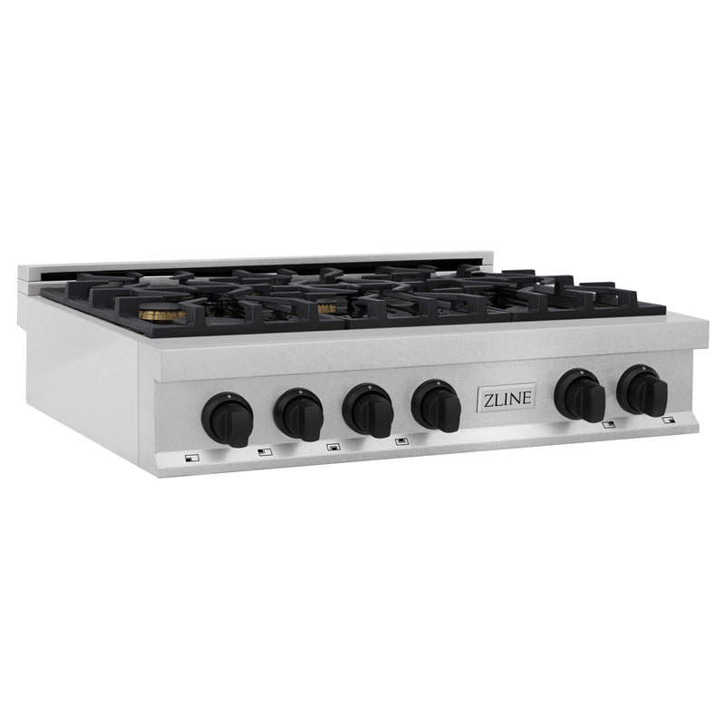 ZLINE Autograph Edition 36-Inch Porcelain Rangetop with 6 Gas Burners in DuraSnow® Stainless Steel and Matte Black Accents (RTSZ-36-MB)