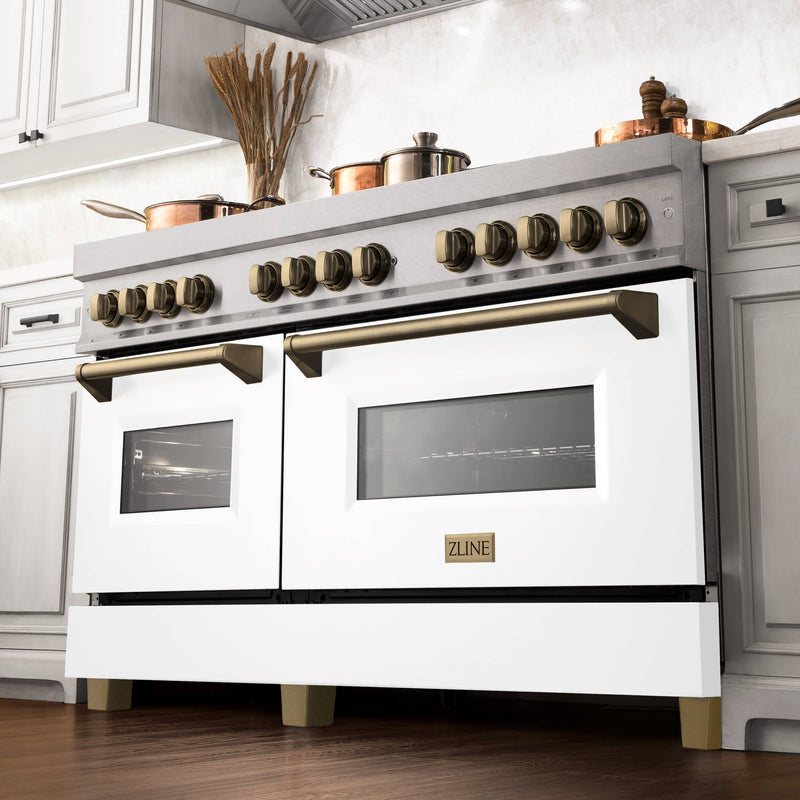 ZLINE Autograph Edition 60-Inch Dual Fuel Range, Gas Stove and Electric Oven, in DuraSnow® Stainless Steel, White Door, Bronze Accents (RASZ-WM-60-CB)