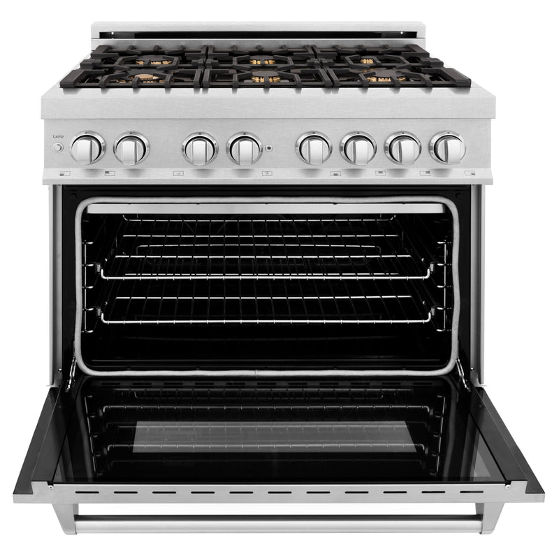 ZLINE 36-Inch Dual Fuel Range with 4.6 cu. ft. Electric Oven and Gas Cooktop with Brass Burners and Griddle in DuraSnow Fingerprint Resistant Stainless (RAS-SN-BR-GR-36)